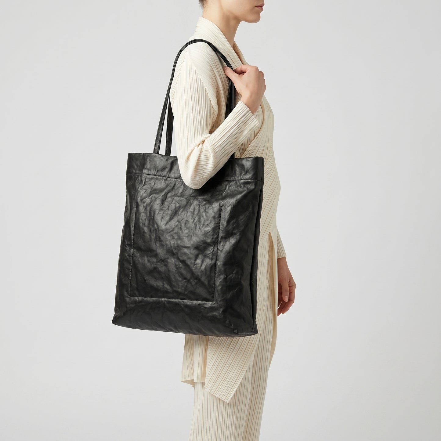Black Textured Leather Tote Bag