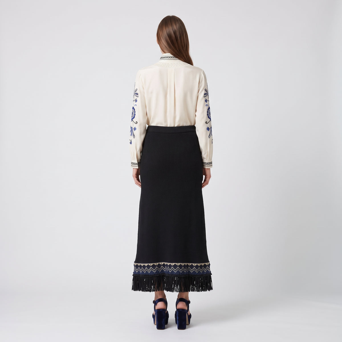 Embroidered Fringe Knit Midi Skirt