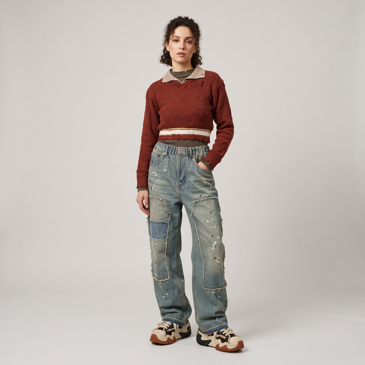 Distressed Textured Polo Sweater