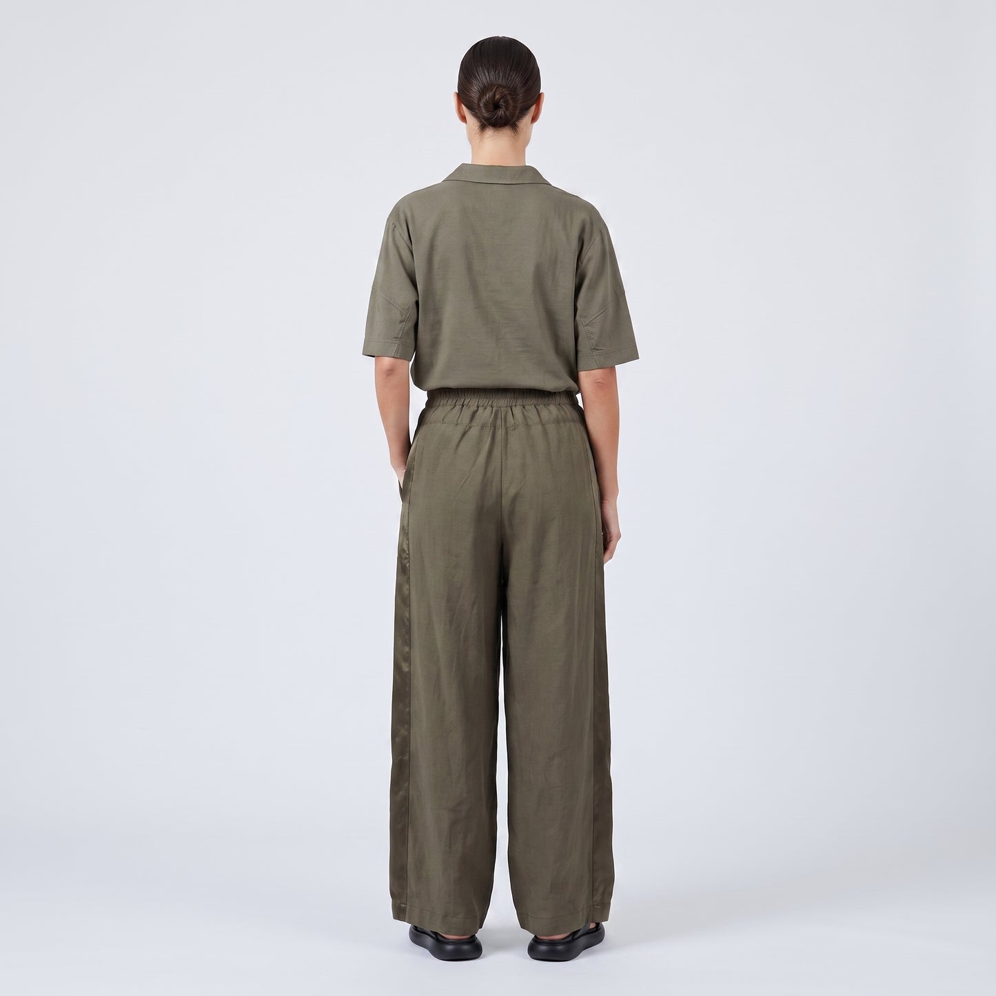 Olive Wide-Leg Satin Detail Trousers