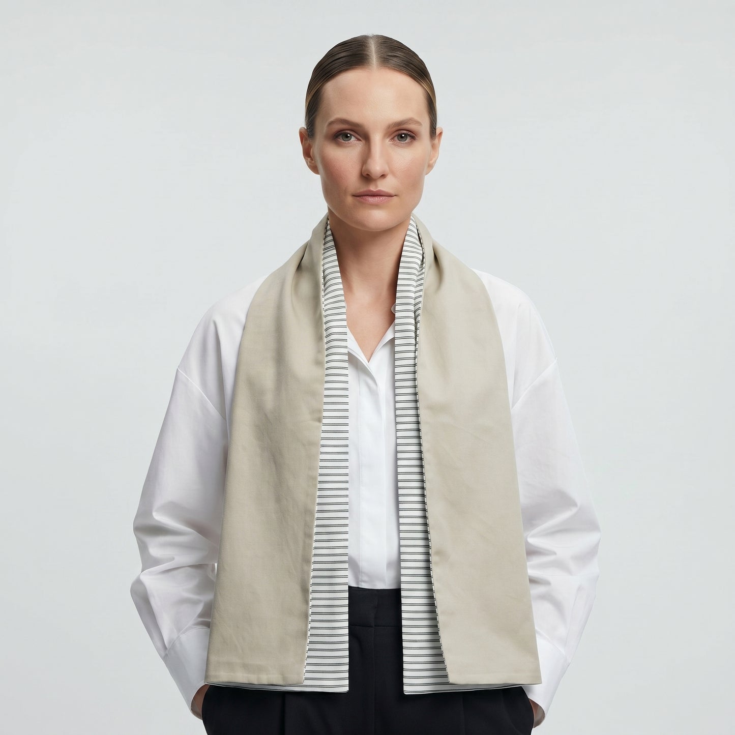 Beige Striped Trim Knit Scarf