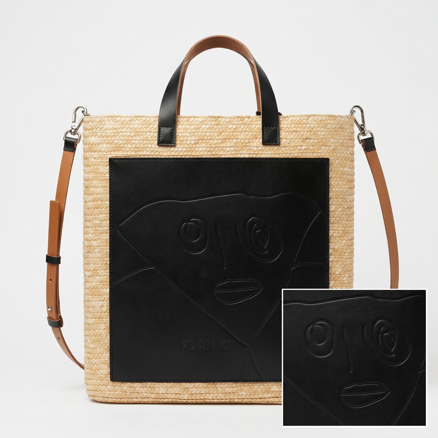 Graphic Leather Straw Tote Bag
