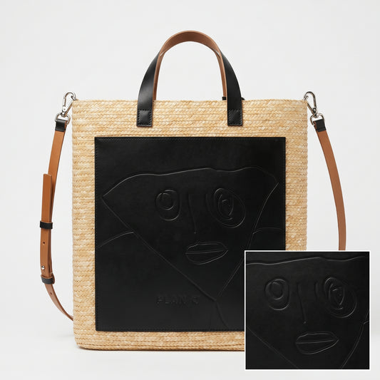 Graphic Leather Straw Tote Bag