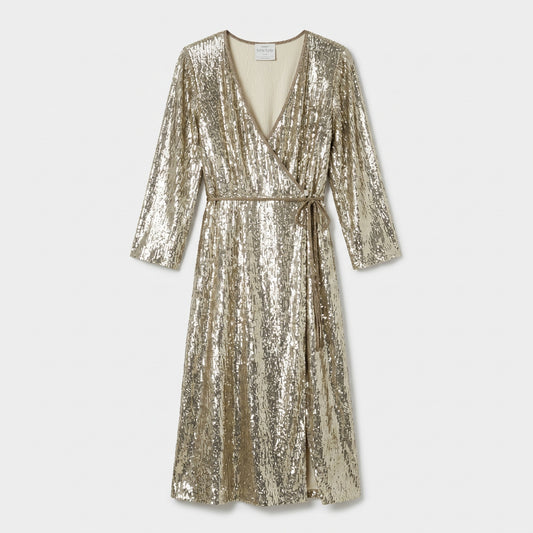 Metallic Sequin Wrap Midi Dress