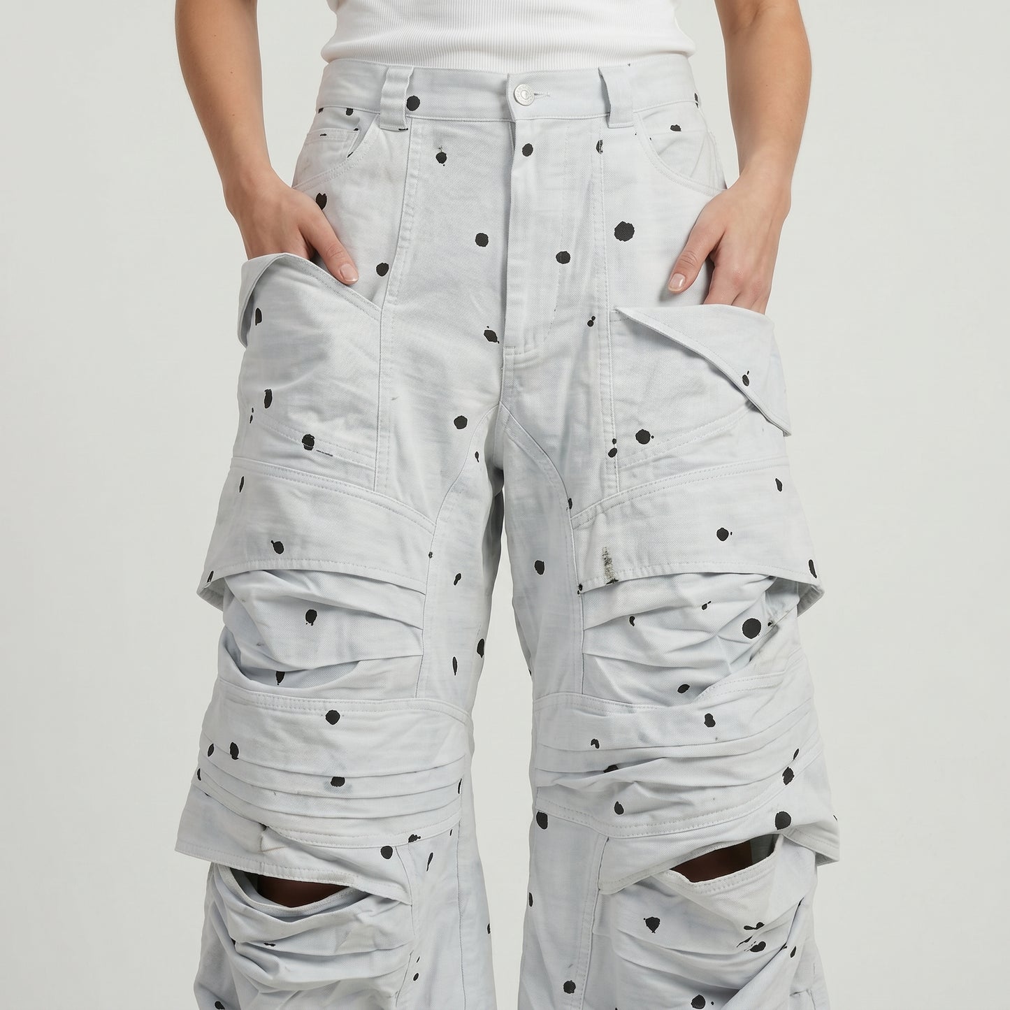 Splatter Print Wide Cargo Trousers