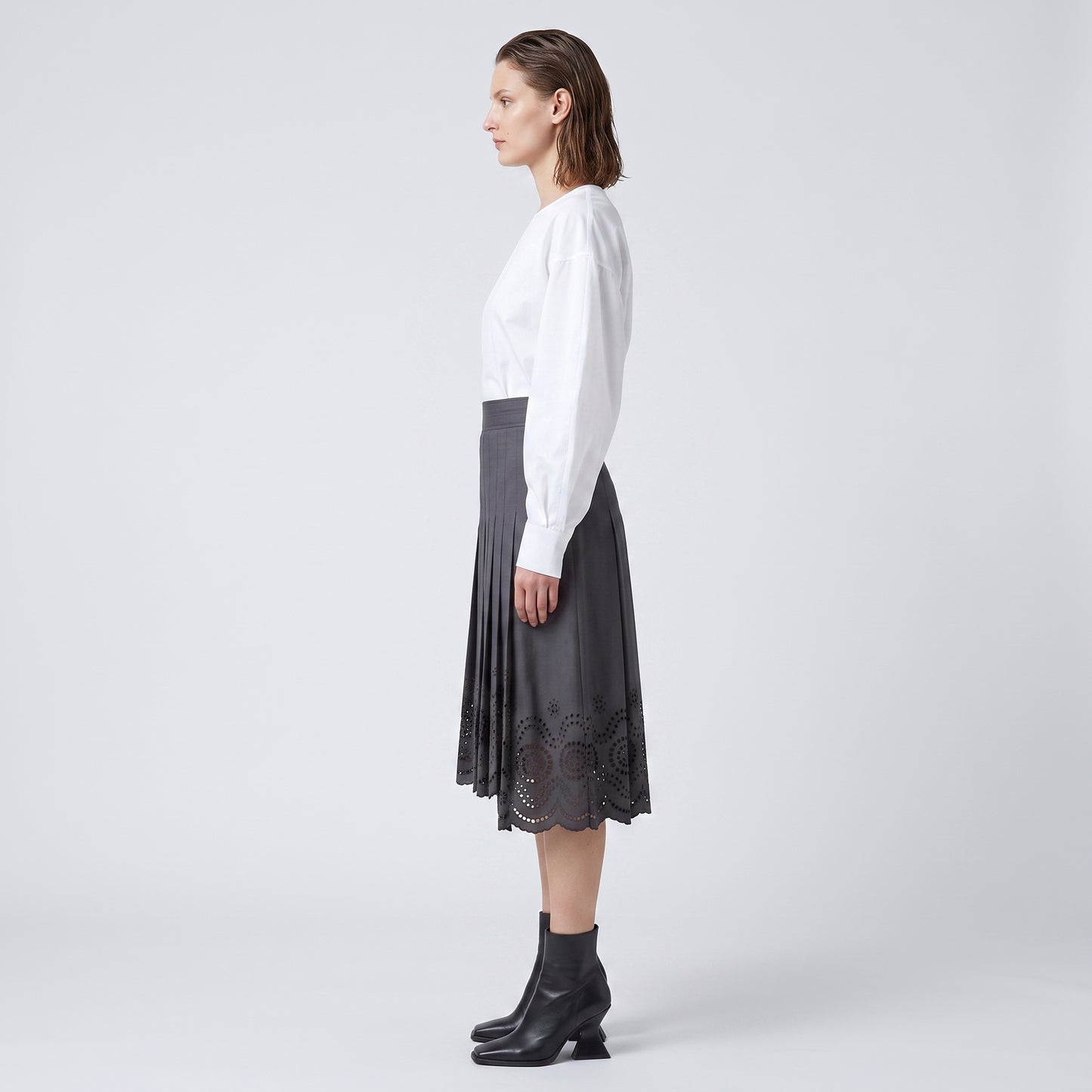 Pleated Eyelet Cotton Midi Skirt