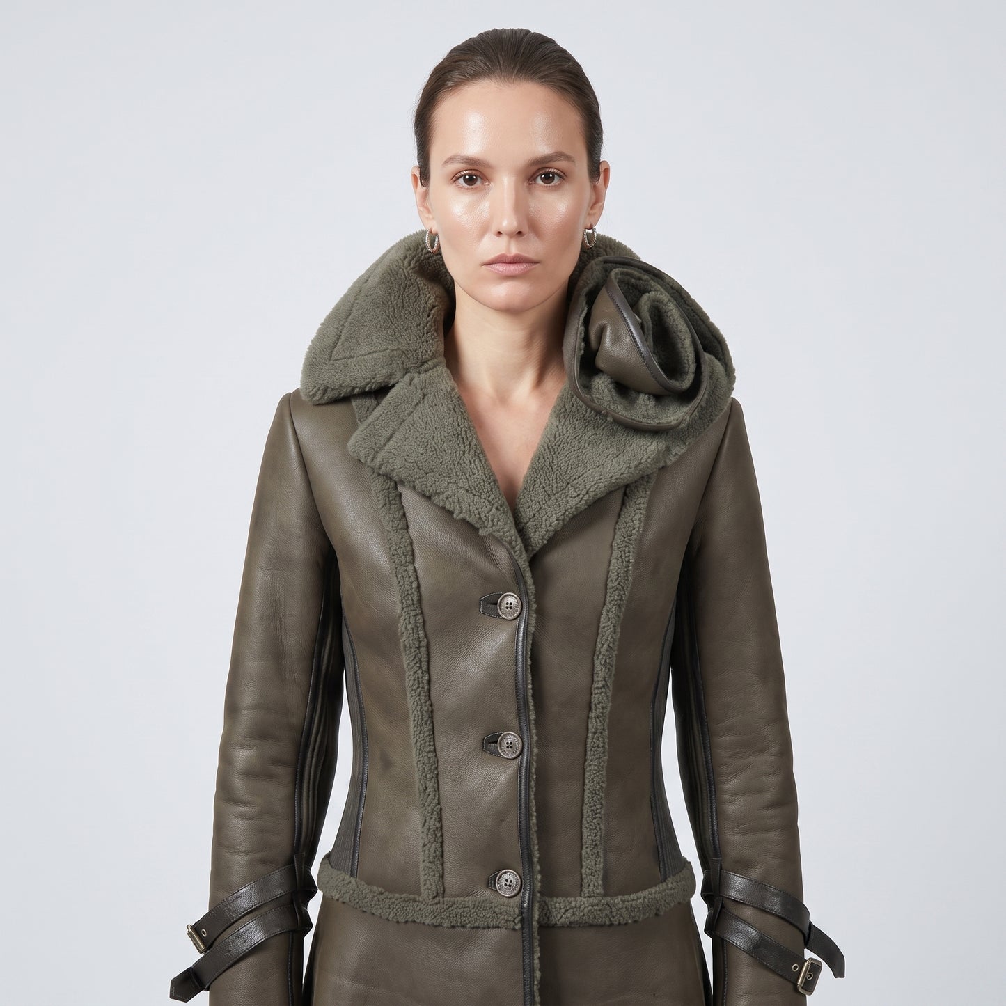 Shearling Paneled Floral Detail Coat