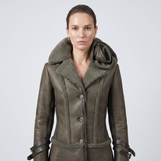 Shearling Paneled Floral Detail Coat
