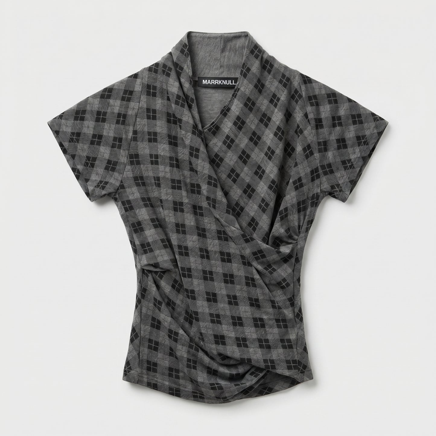 Grey Checked Draped Wrap Top