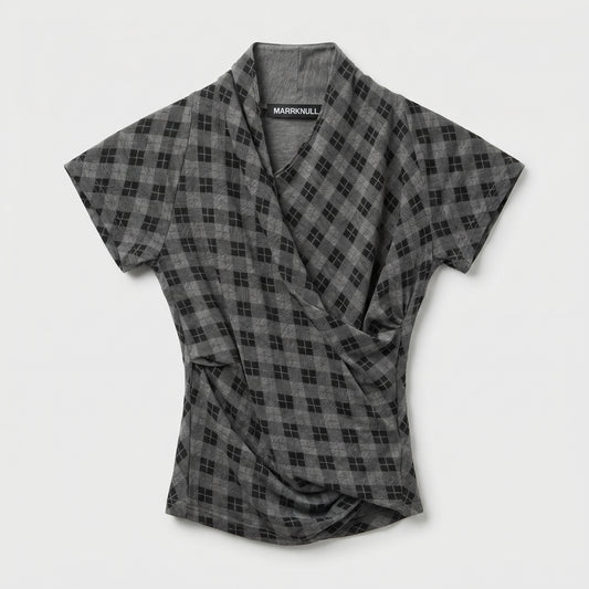Grey Checked Draped Wrap Top