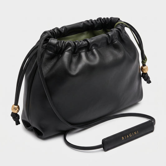Ruched Leather Drawstring Crossbody Bag