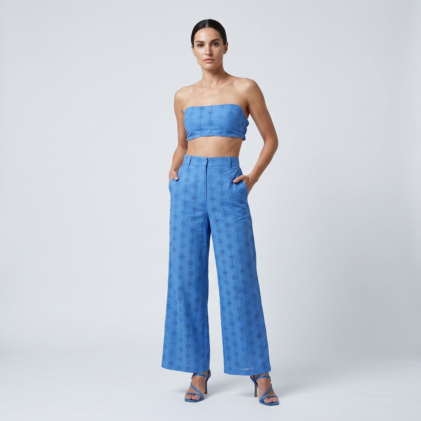 Blue Eyelet Strapless Crop Top