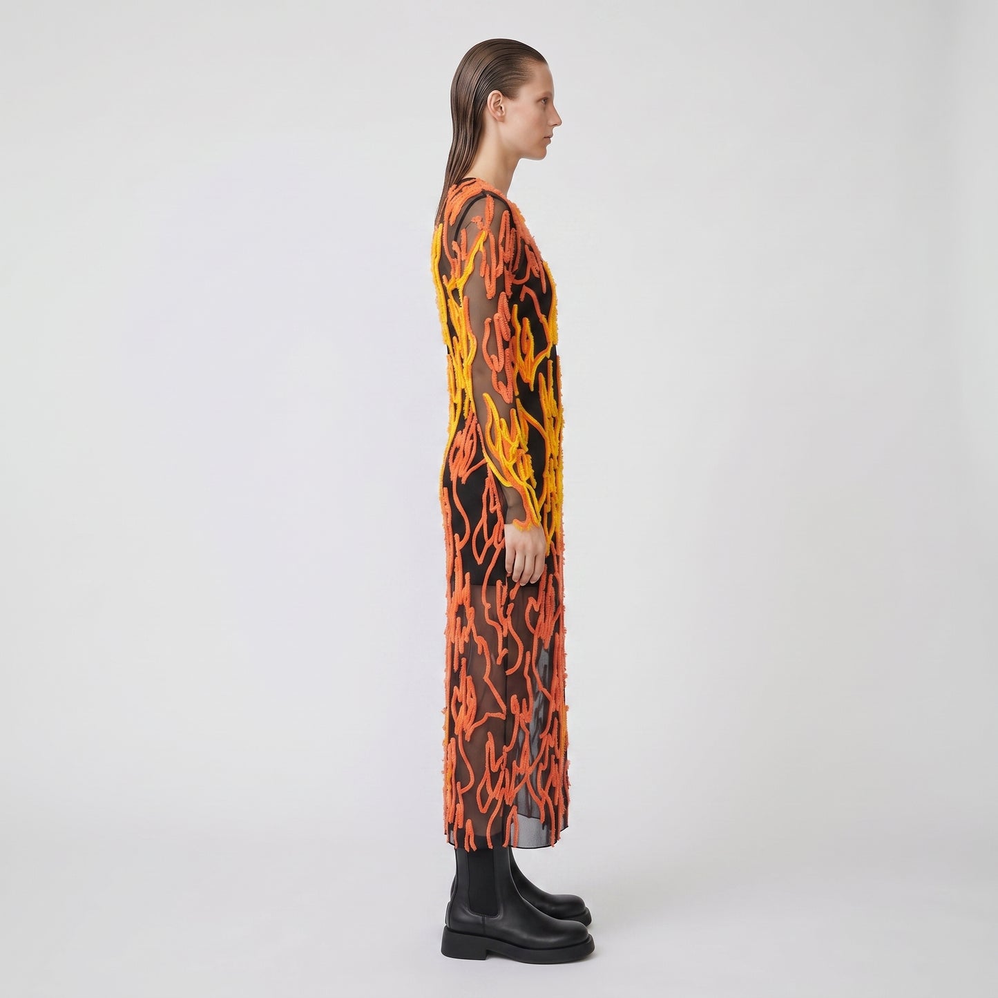 Flame Print Mesh Midi Dress