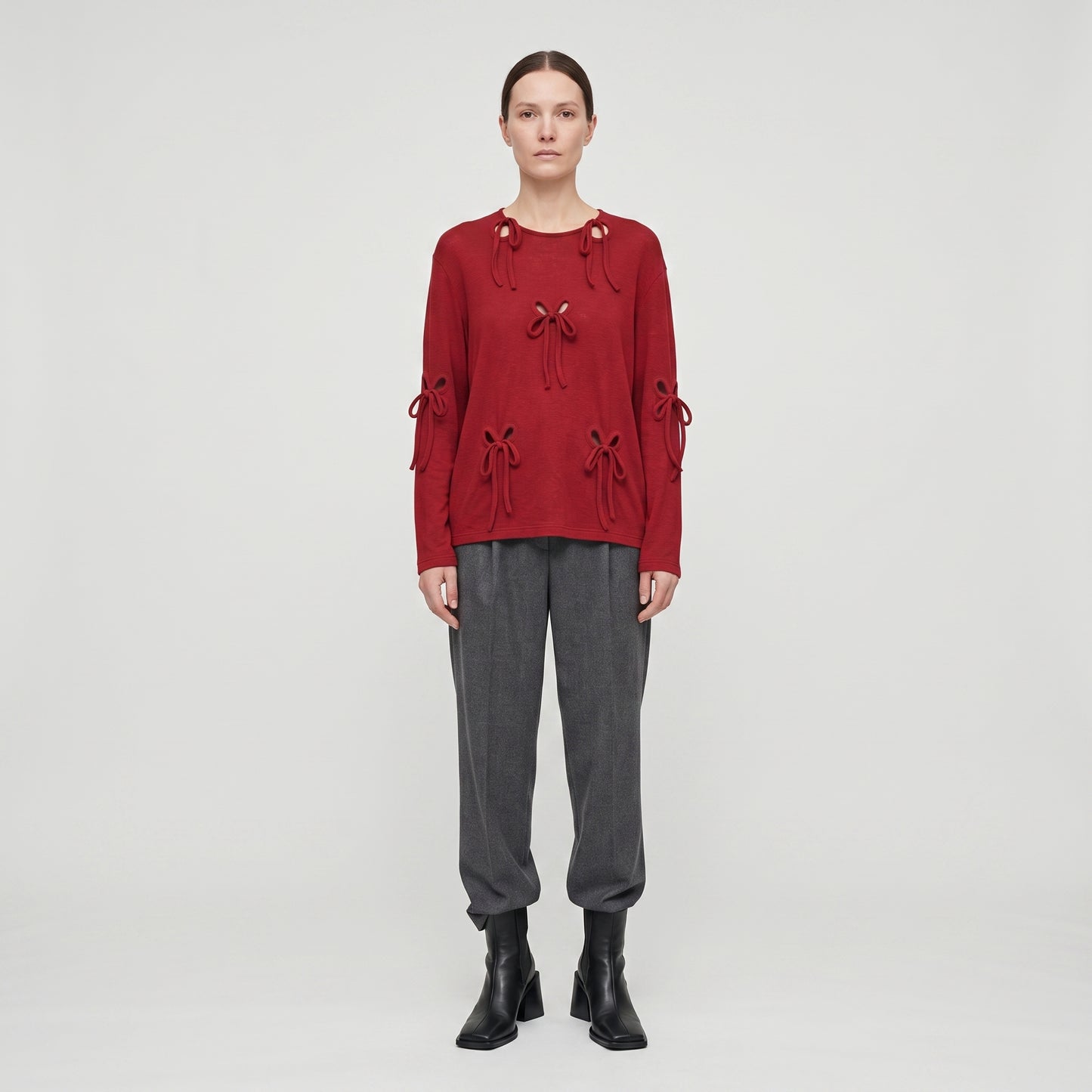 Red Bow Detail Long-Sleeve Top