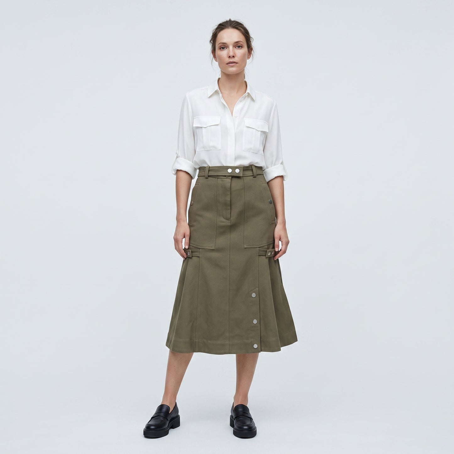 Utility Mid-Length Khaki Skirt