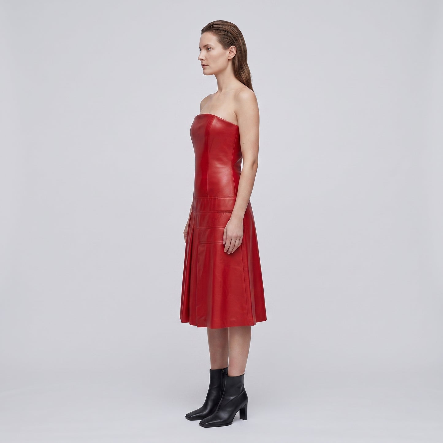 Strapless Paneled Leather Midi Dress