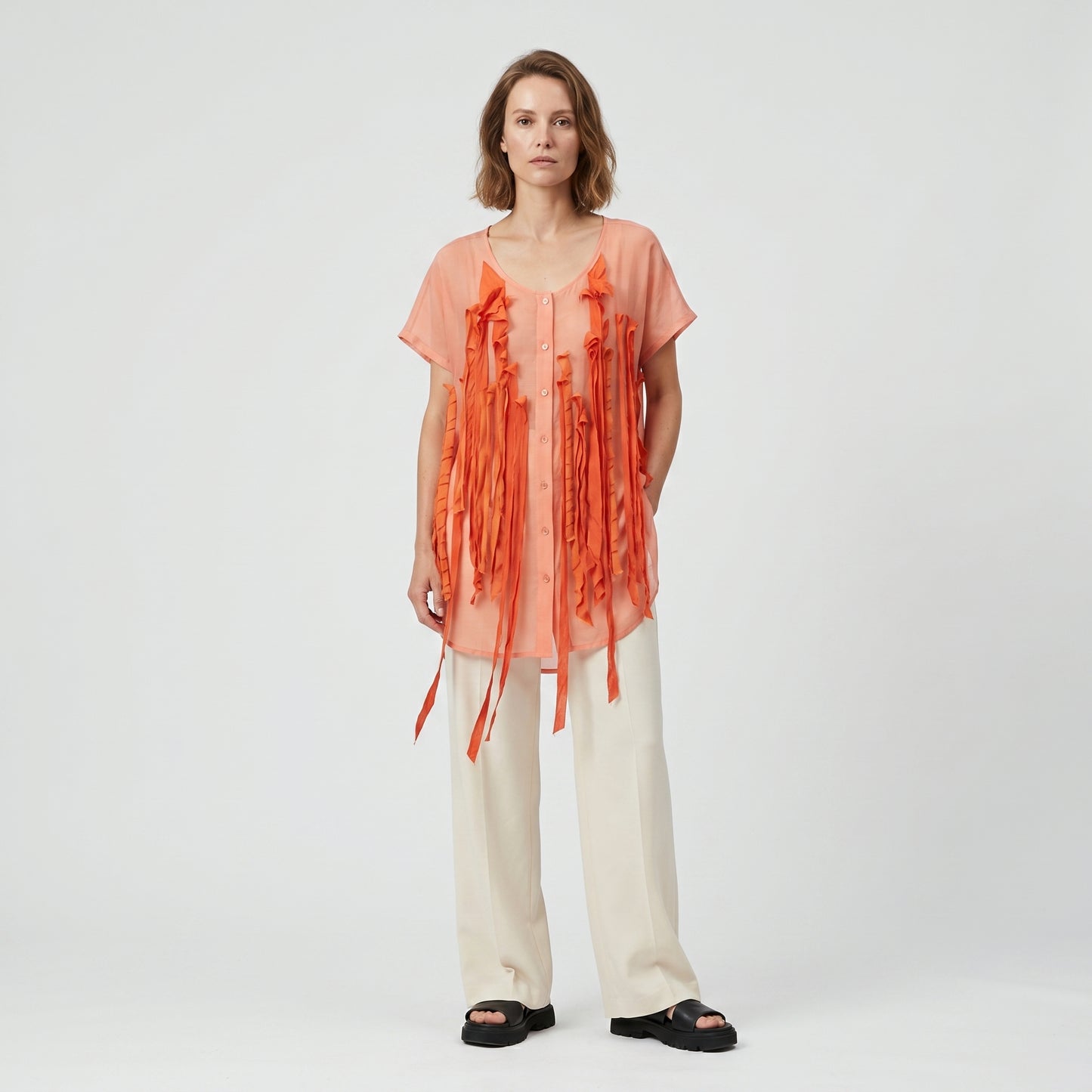 Orange Ribbon Fringed Sheer Top