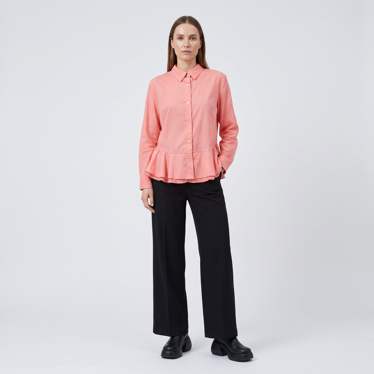 Peplum Hem Cotton Button-Down Shirt