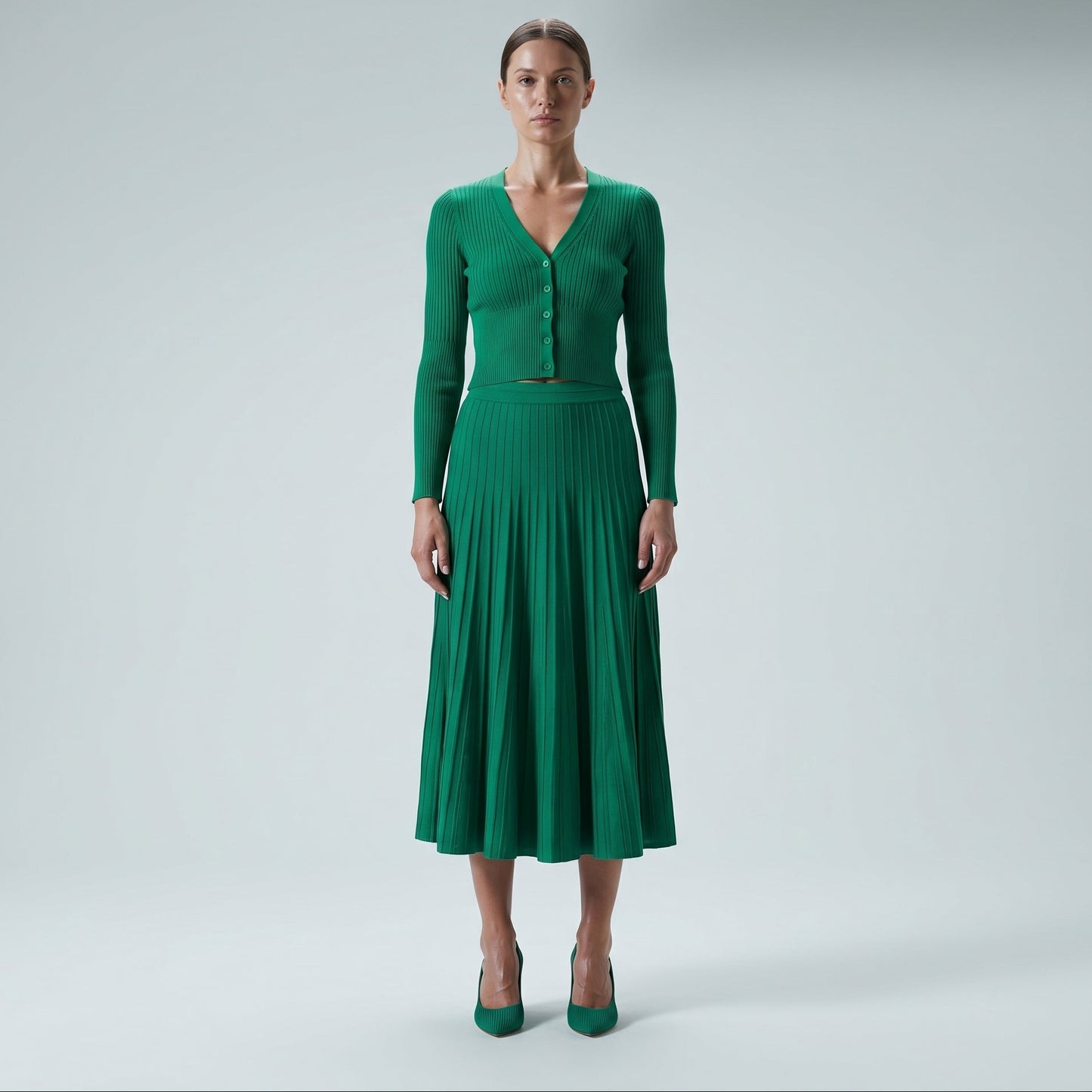 Emerald Pleated Knit Midi Skirt
