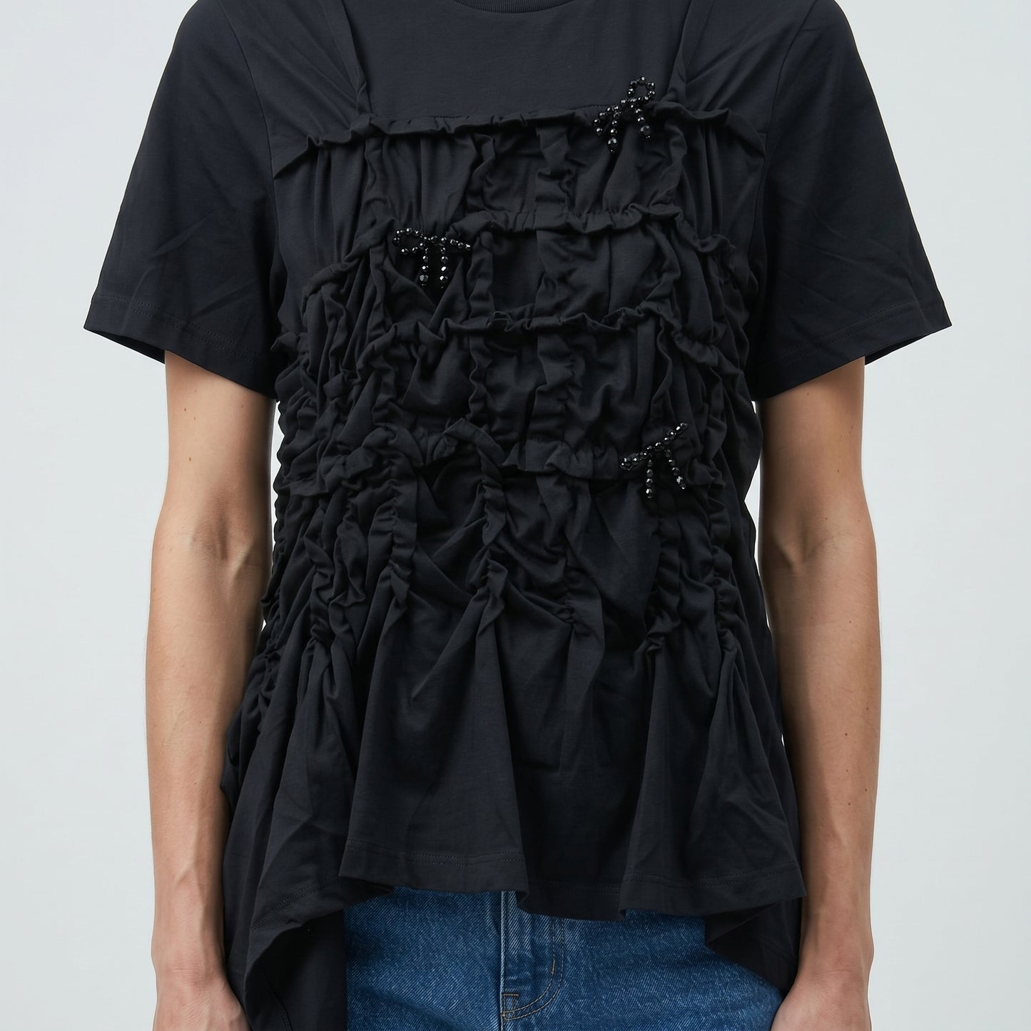 Ruched Bow Embellished Cotton Tee