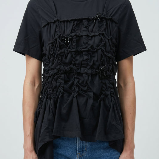 Ruched Bow Embellished Cotton Tee