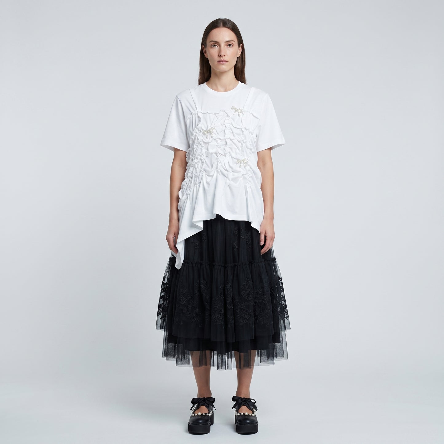 Ruched Embellished Cotton Tee