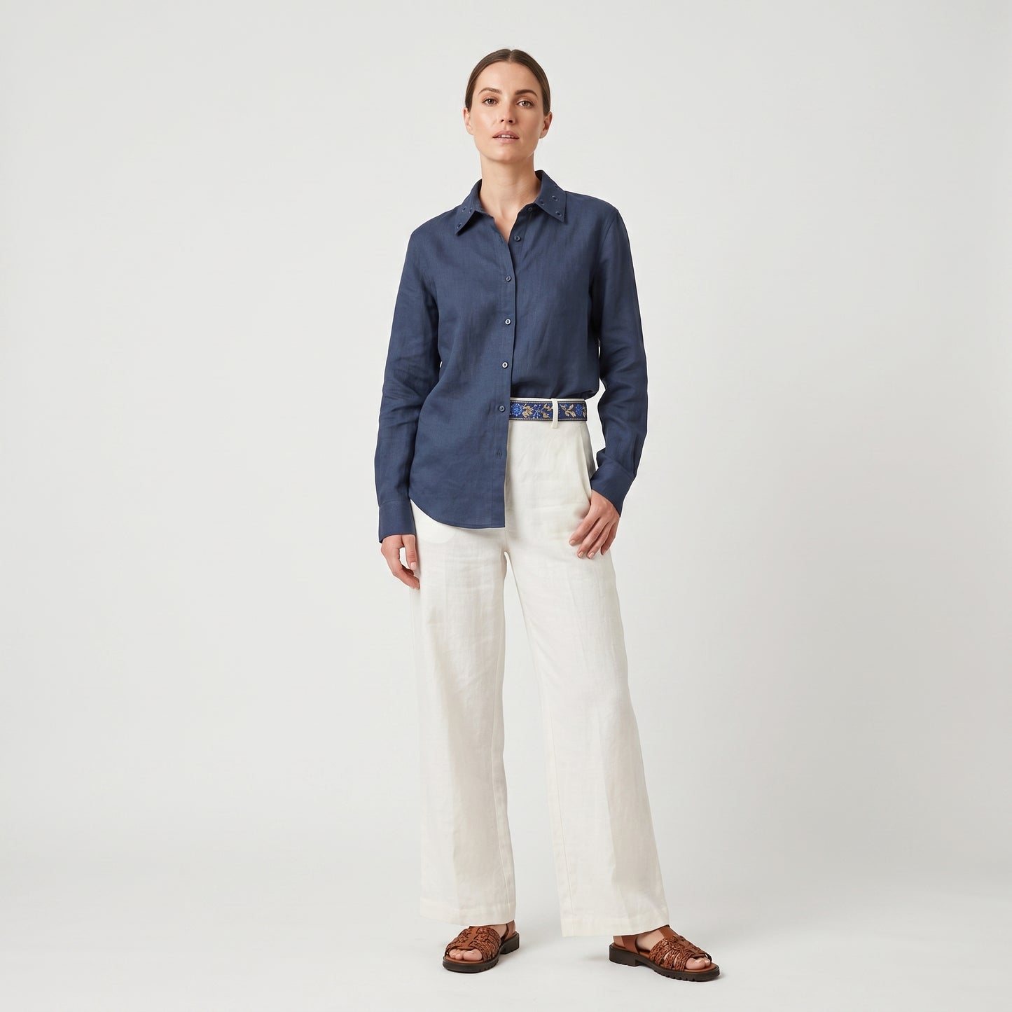 Navy Blue Linen Button-Down Shirt