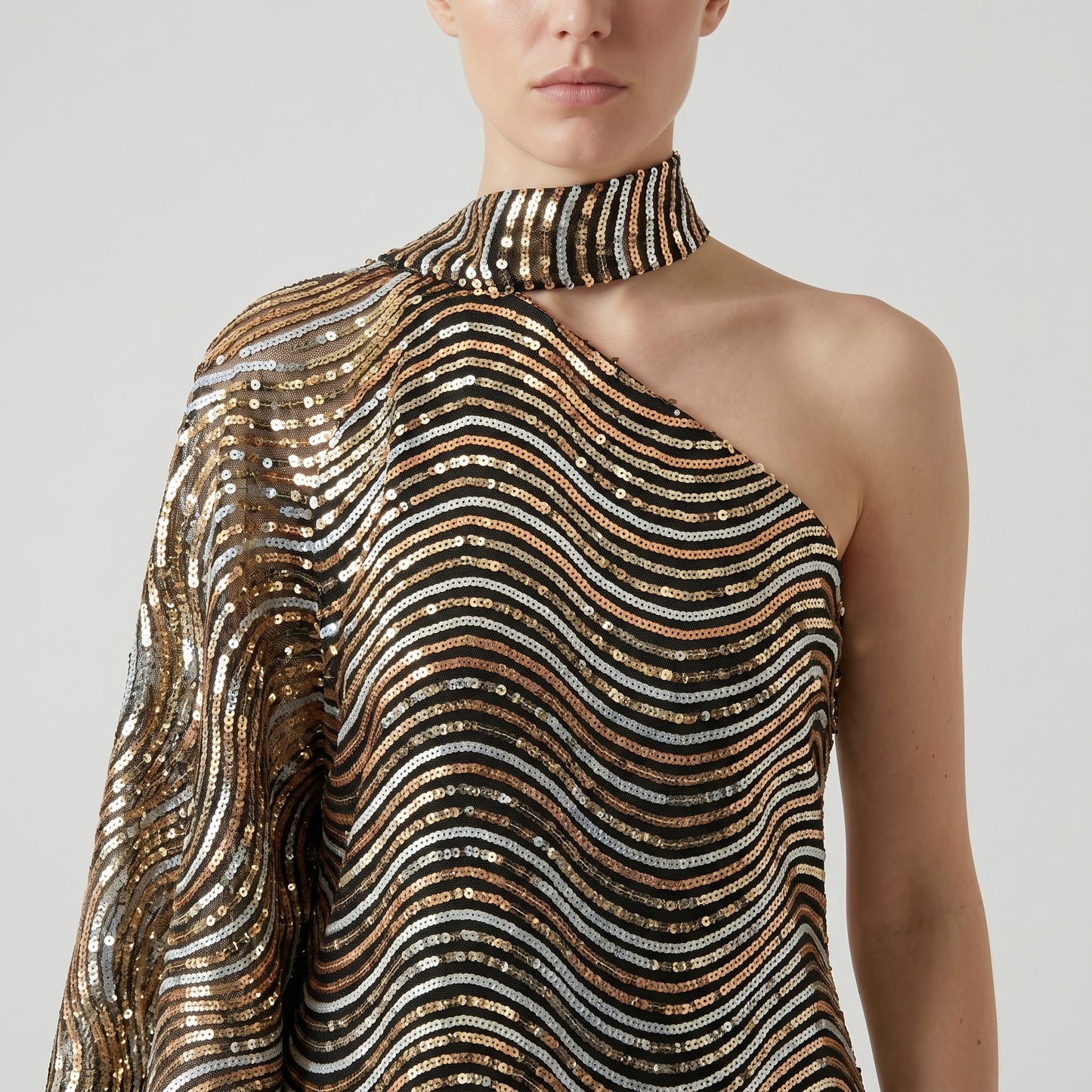 Sequined One-Shoulder Evening Gown