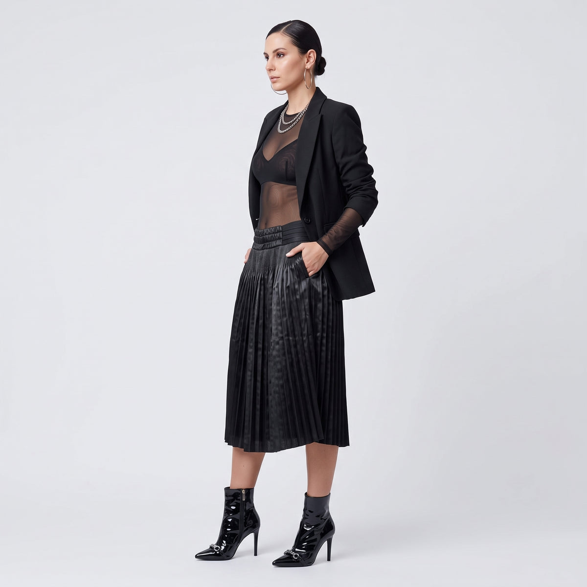 Elegant Black Pleated Midi Skirt