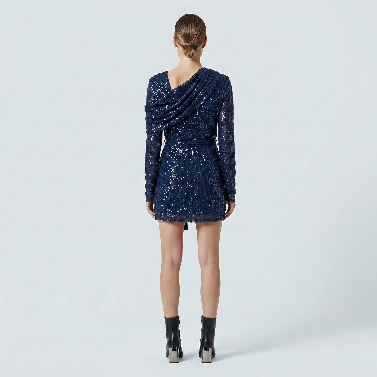 Navy Sequined Draped Mini Dress
