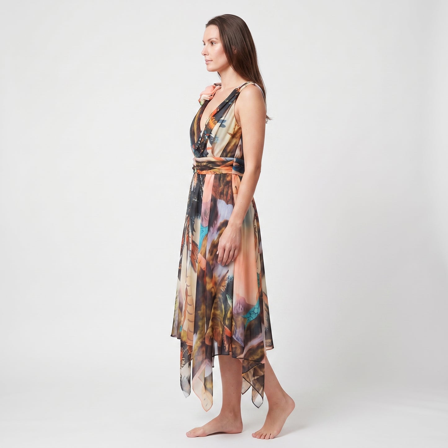 Floral Tropical Print Silk Dress