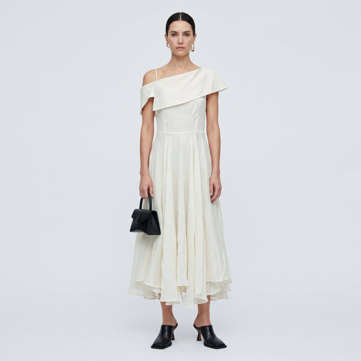 Asymmetric Pleated Cream Dress