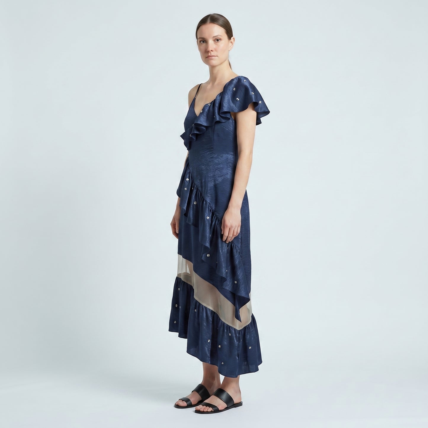 Asymmetric Ruffled Navy Cocktail Dress