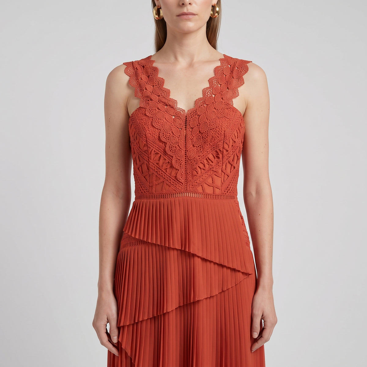 Rust Pleated Lace Midi Dress