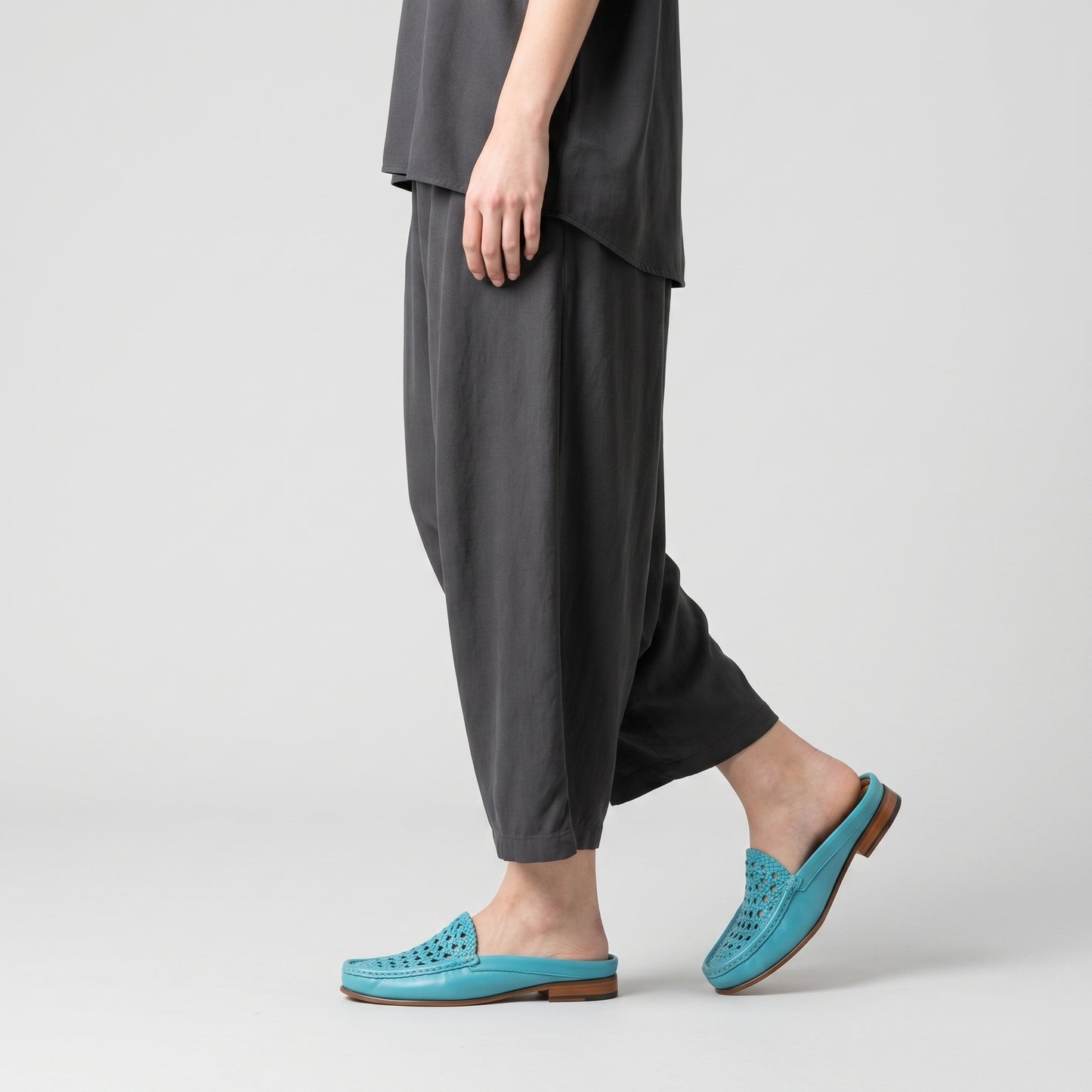 Woven Leather Backless Loafer Mules
