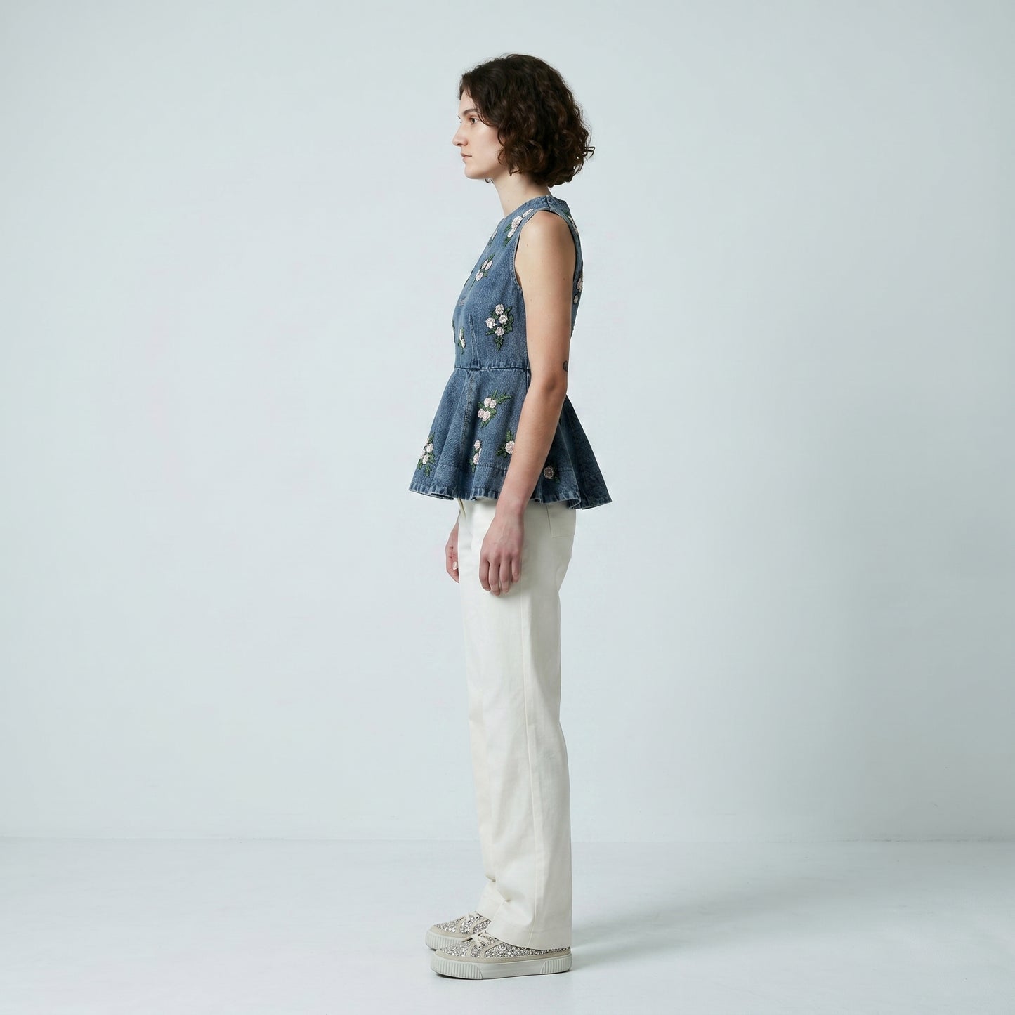 Embroidered Floral Denim Peplum Top