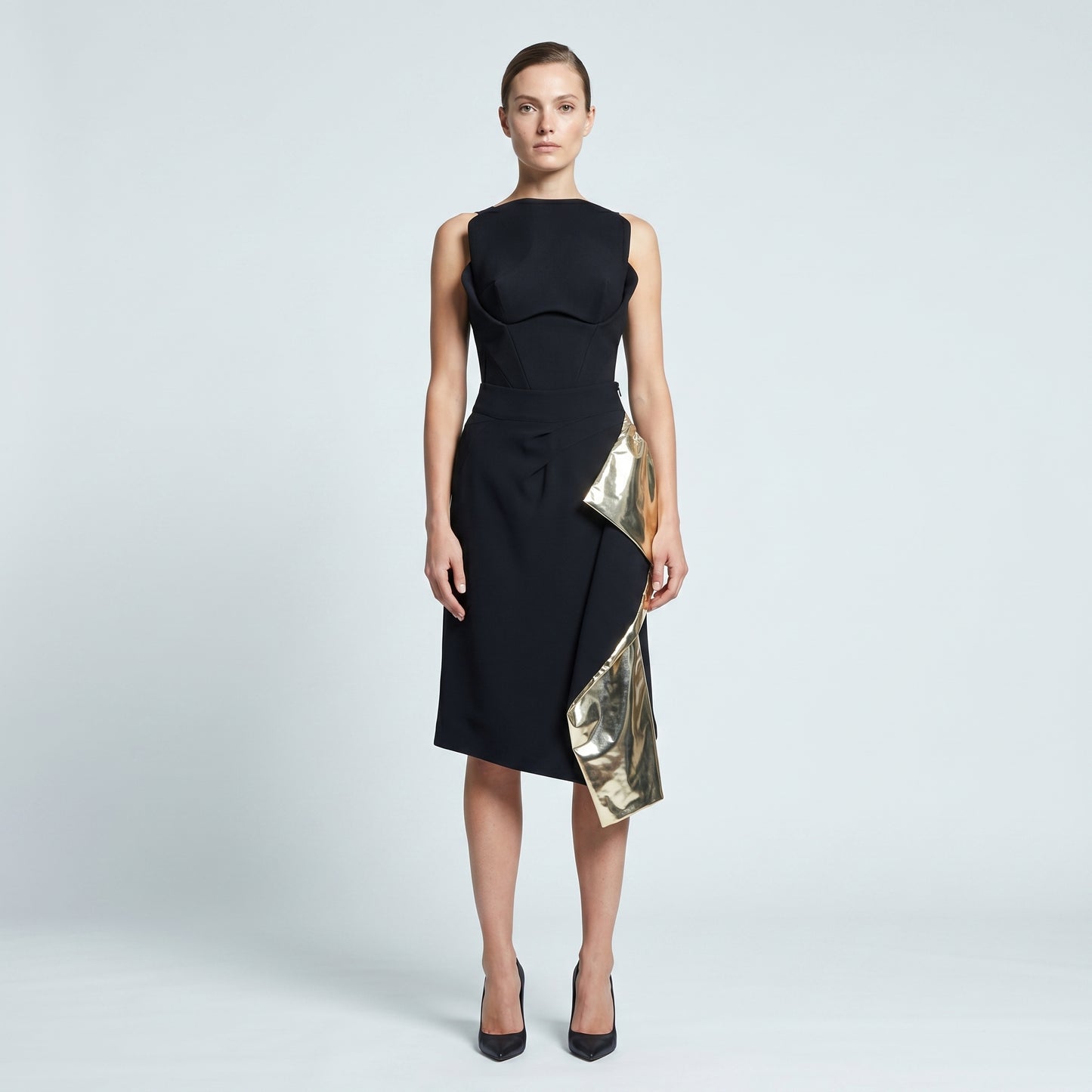 Draped Metallic-Panel Crepe Skirt