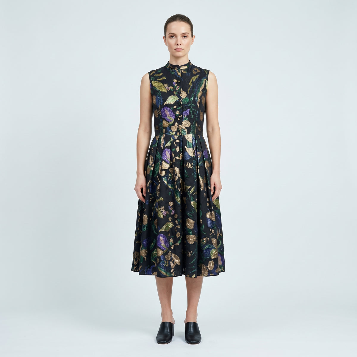 Metallic Floral Brocade Fit Dress