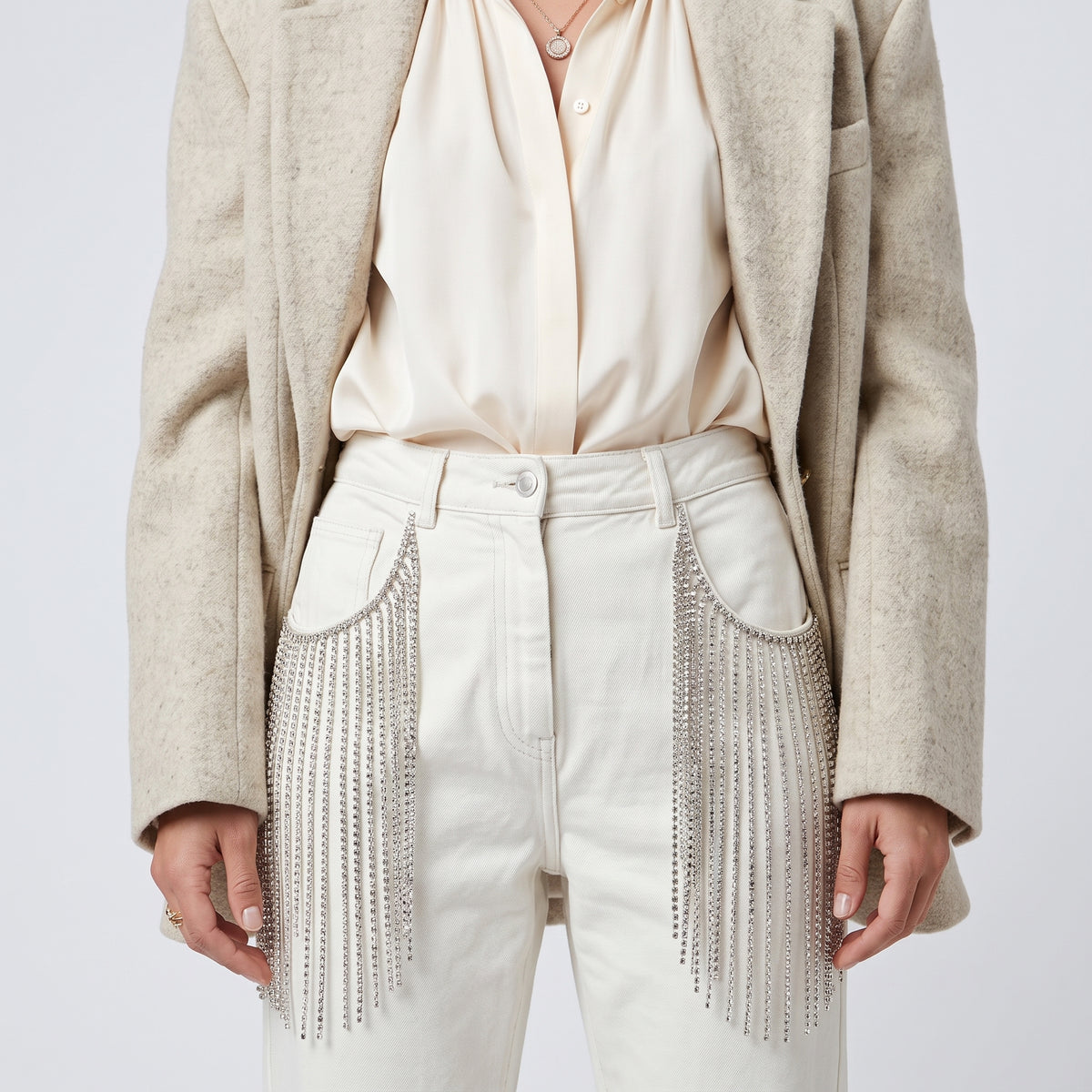 Crystal Embellished Ivory Denim Trousers