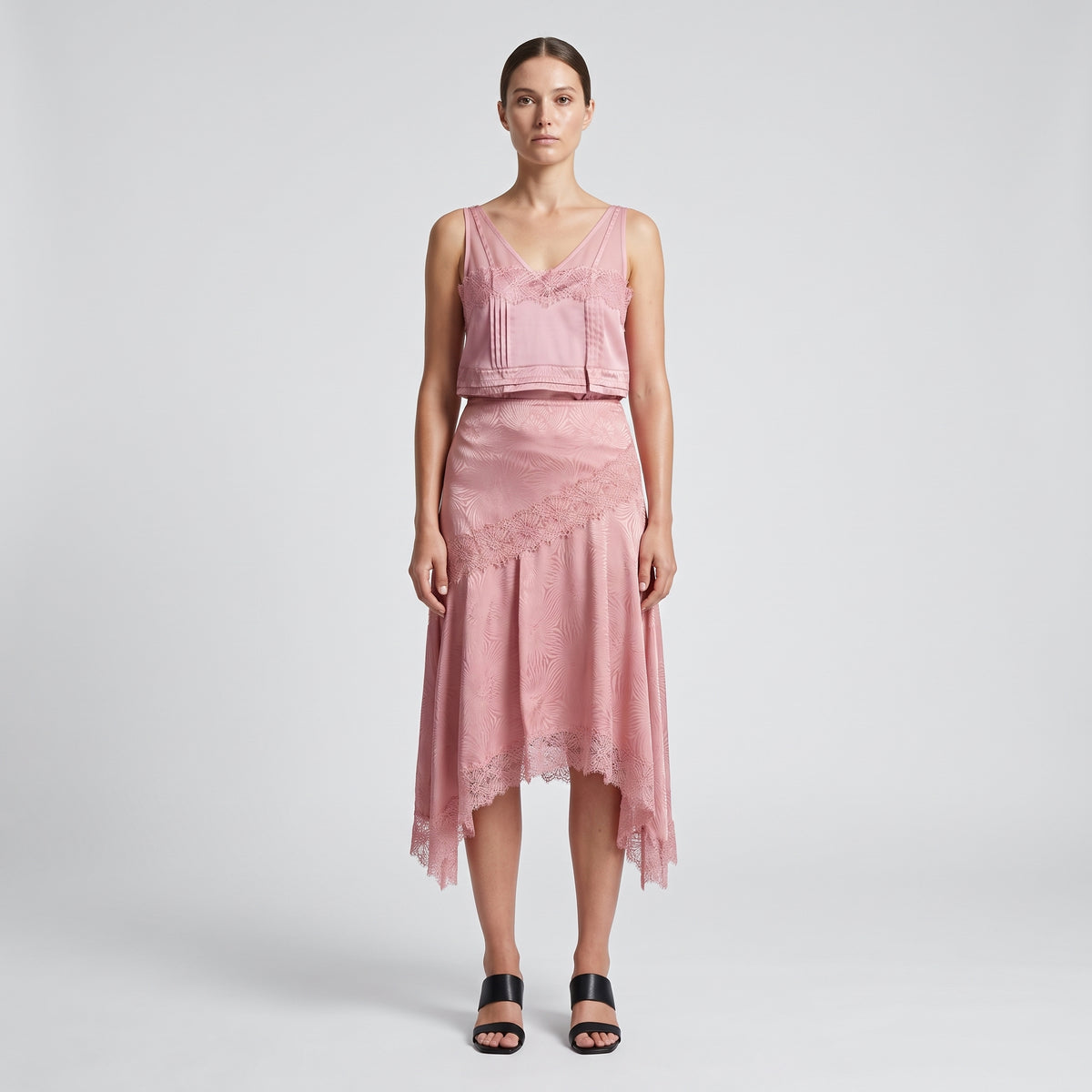 Lace-Trimmed Pink Satin Skirt