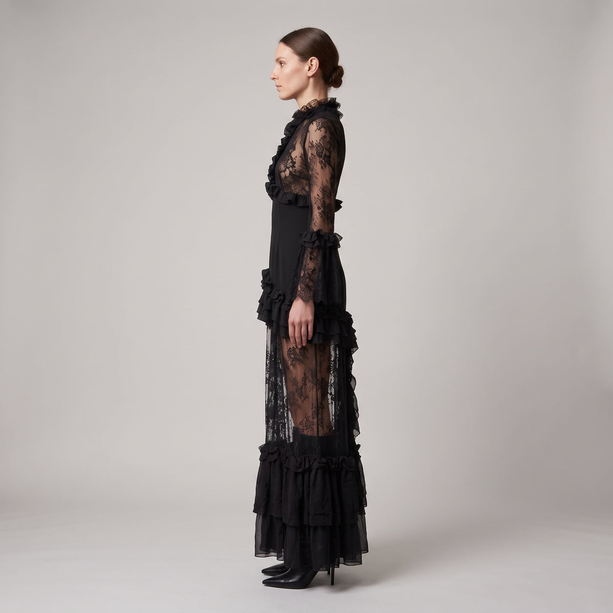 Black Ruffled Lace Midi Dress
