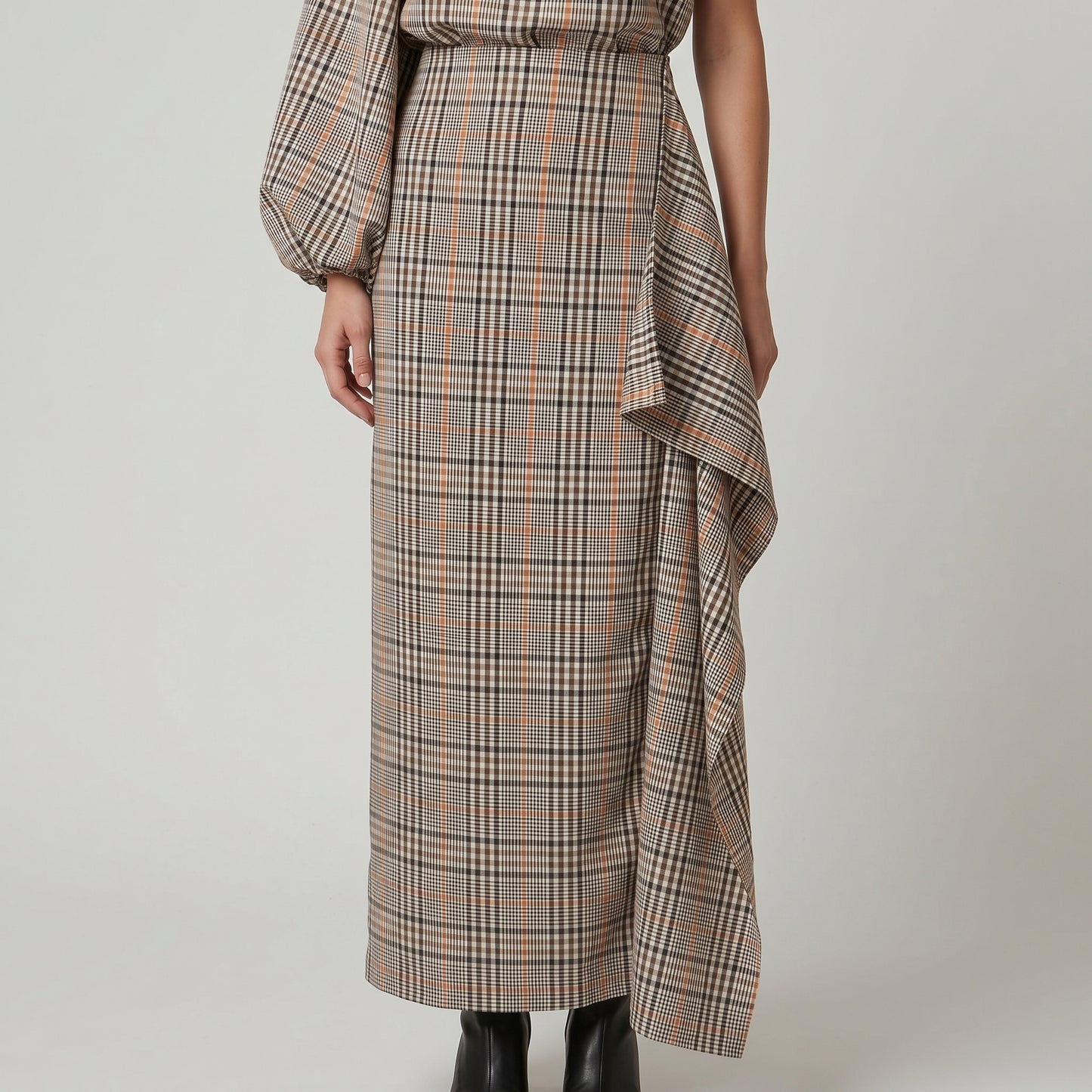 Draped Plaid Midi Skirt