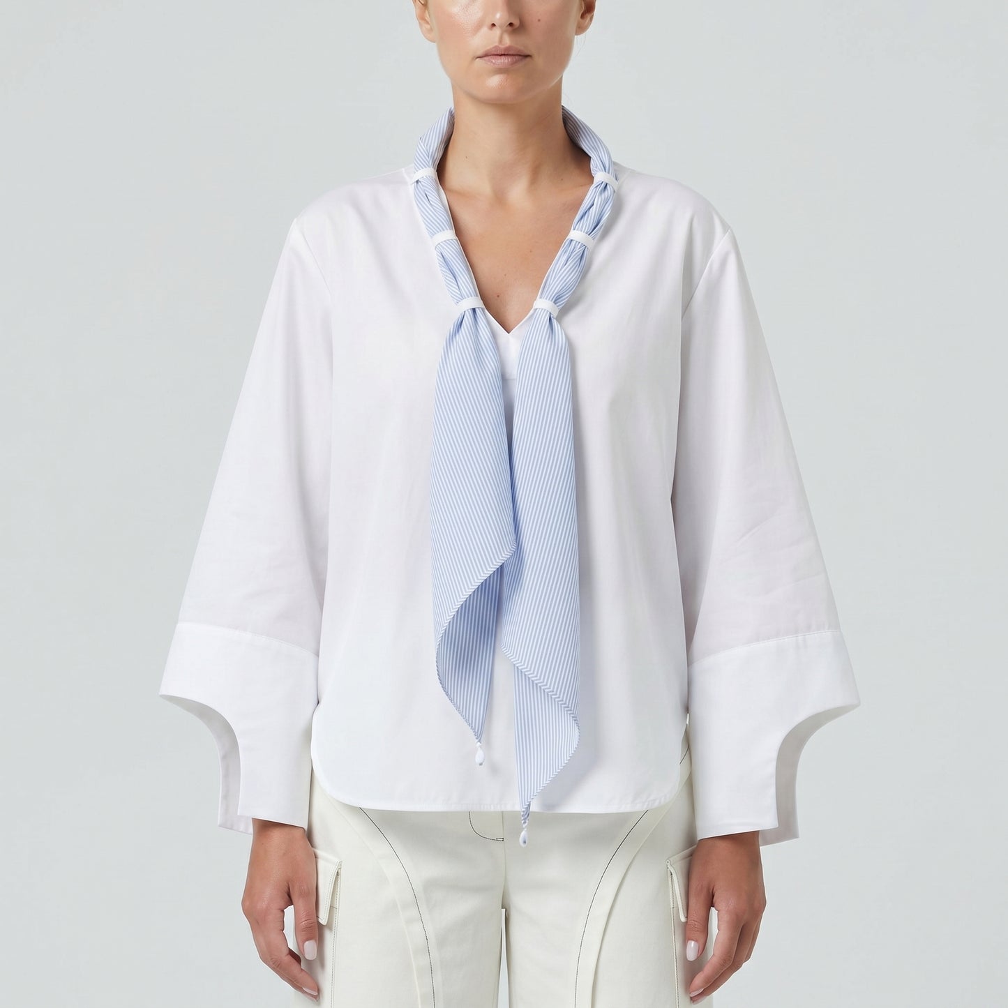 Striped Tie Detail White Blouse