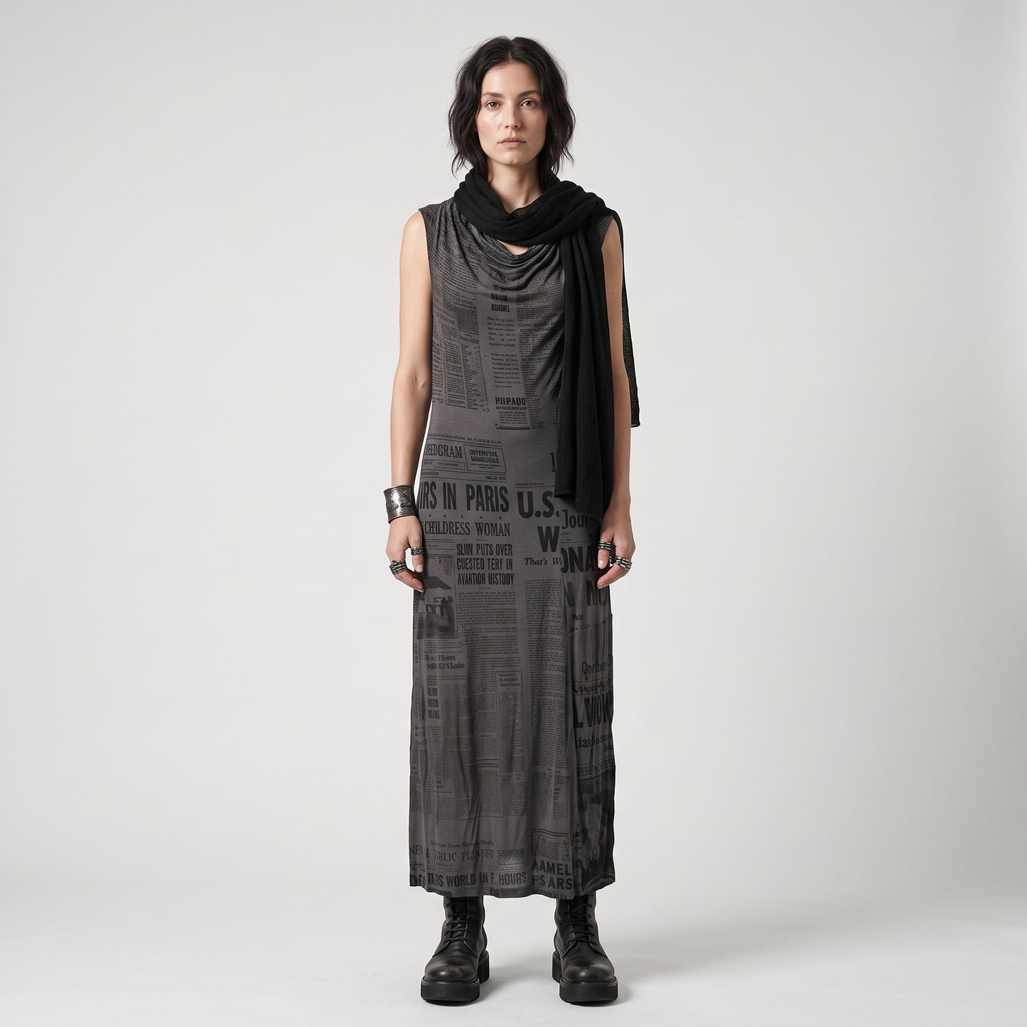Newspaper Print Sleeveless Dress