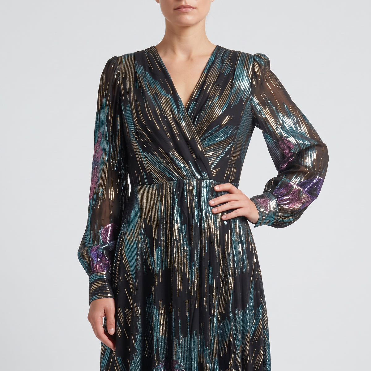 Metallic Floral Wrap Mini Dress