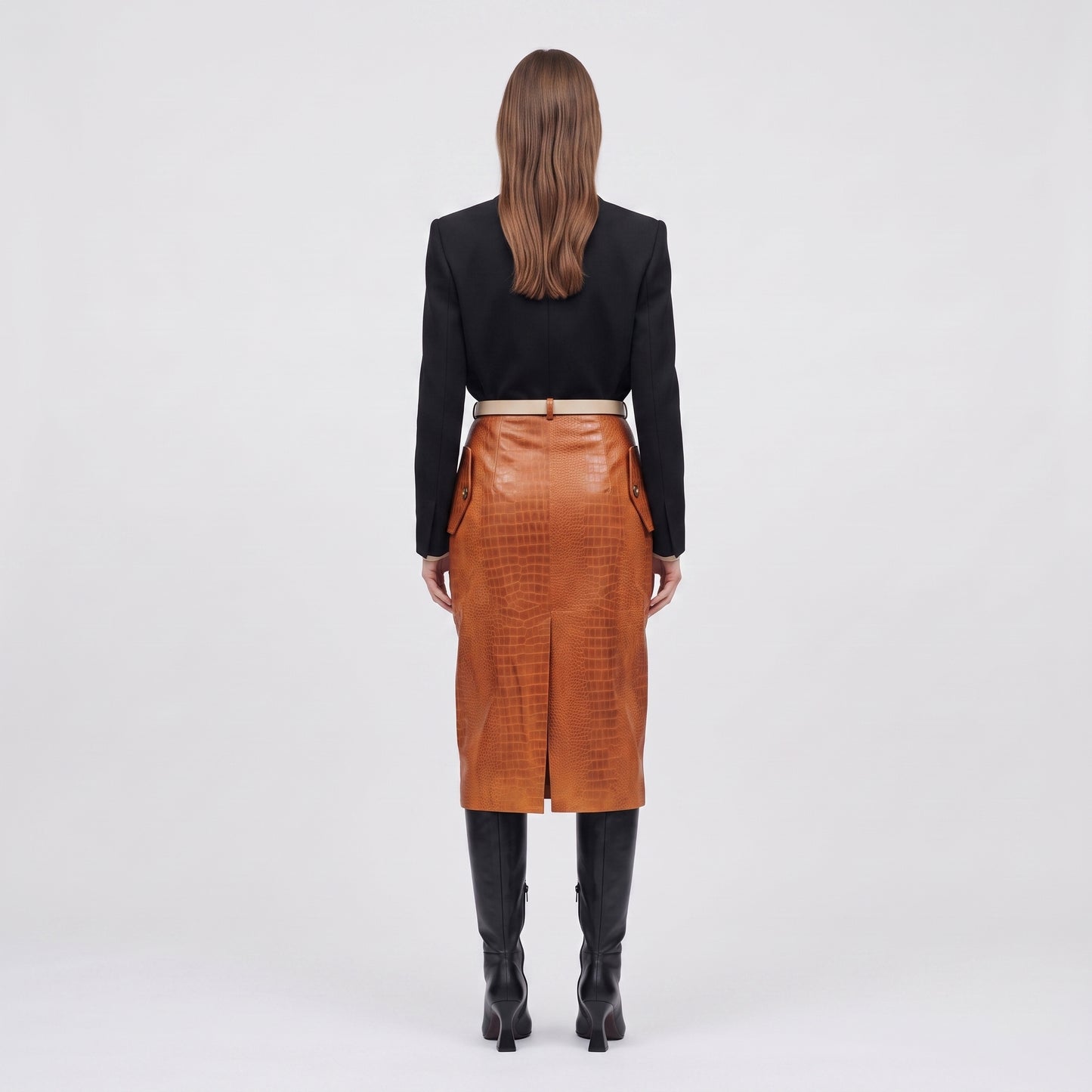 Croc-Embossed Leather Button Skirt
