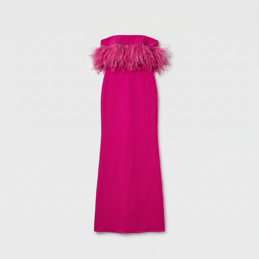 Feather Trimmed Strapless Gown