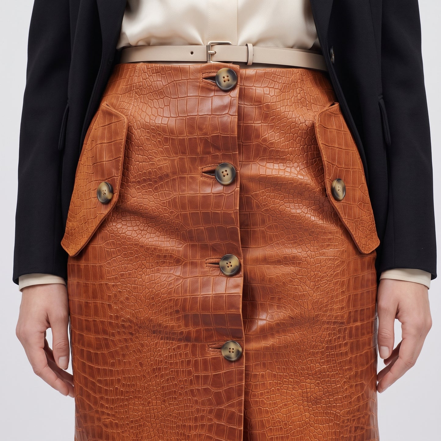 Croc-Embossed Leather Button Skirt