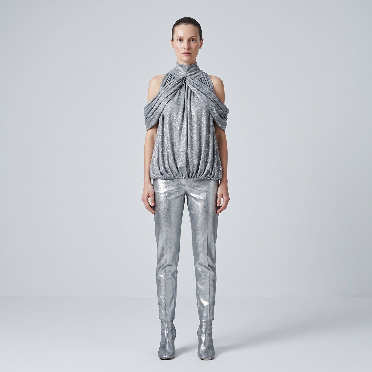 Metallic Draped Mock Neck Top