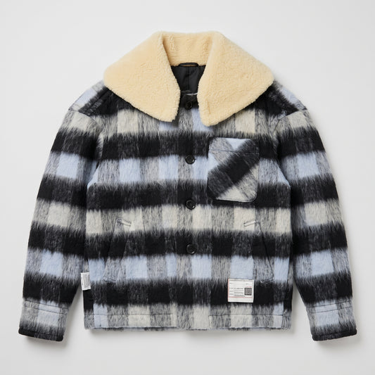 Fuzzy Plaid Shearling Collar Jacket